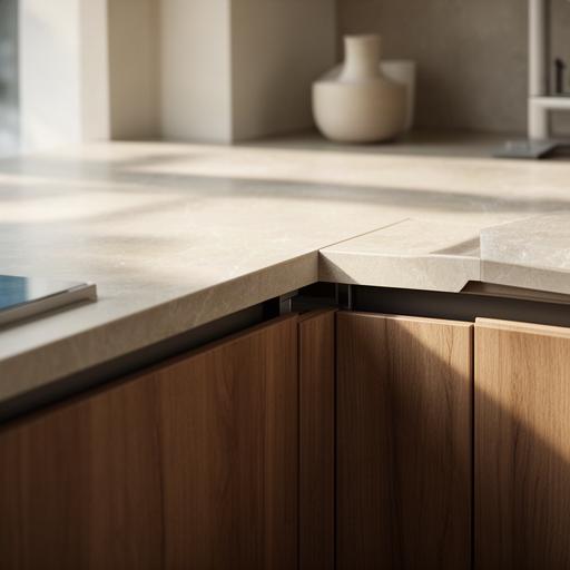 Architectural kitchen with timber cabinetry and stone worktop filmed in soft morning light