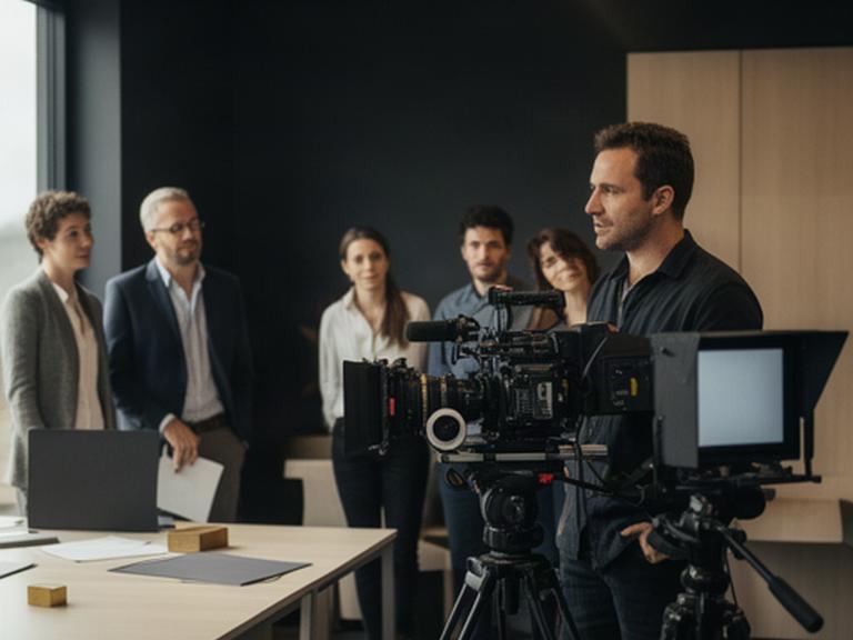 Director reviewing a professional camera setup with a business team in a modern Devon workplace