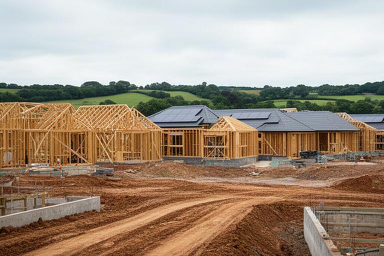 Eco-development under construction in Devon with timber frames, earthworks and solar-ready roofs