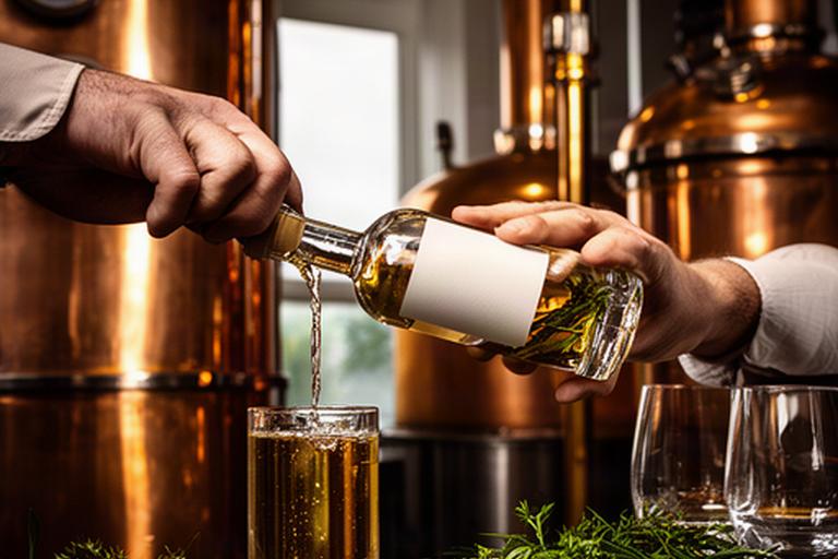 Devon gin maker pouring a botanical spirit beside copper stills in a working distillery