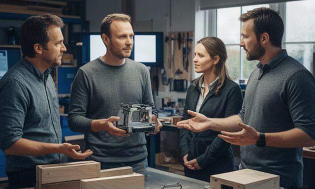Small technology team presenting a new product prototype in a Devon workshop