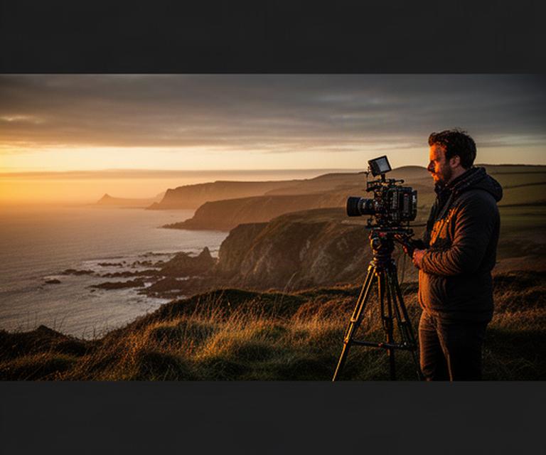 Videographer filming a golden-hour coastal scene near South Hams in Devon