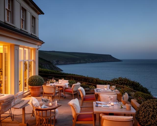Boutique Devon hotel terrace overlooking the sea at early evening