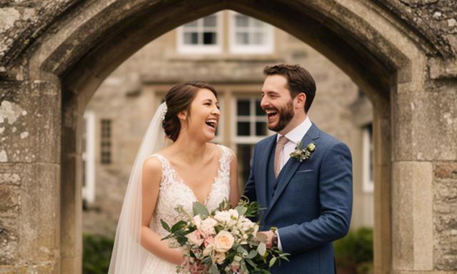 Bride and groom laughing beneath a stone arch at a Salcombe wedding venue