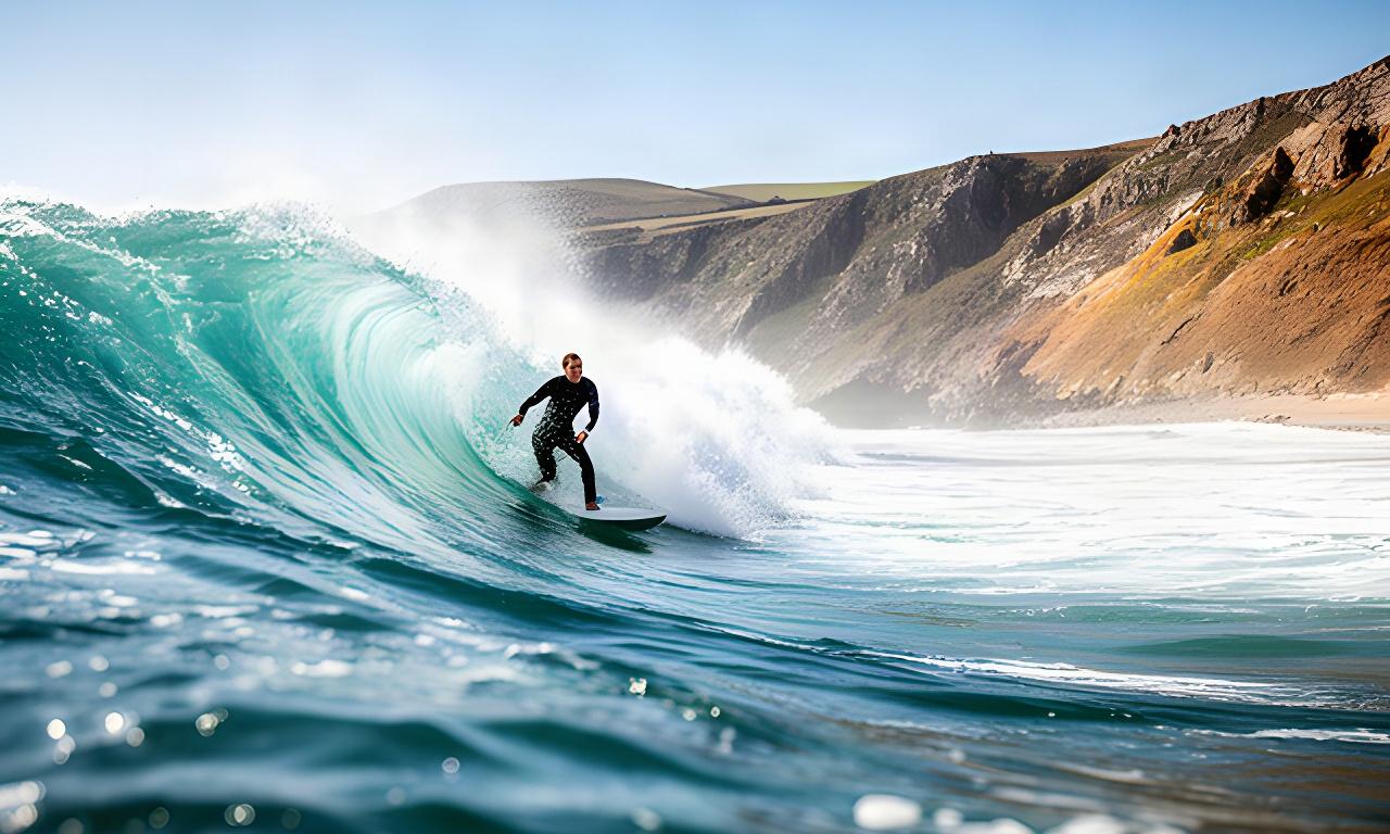 Surfer cutting across a bright Atlantic wave beside the South Devon coast