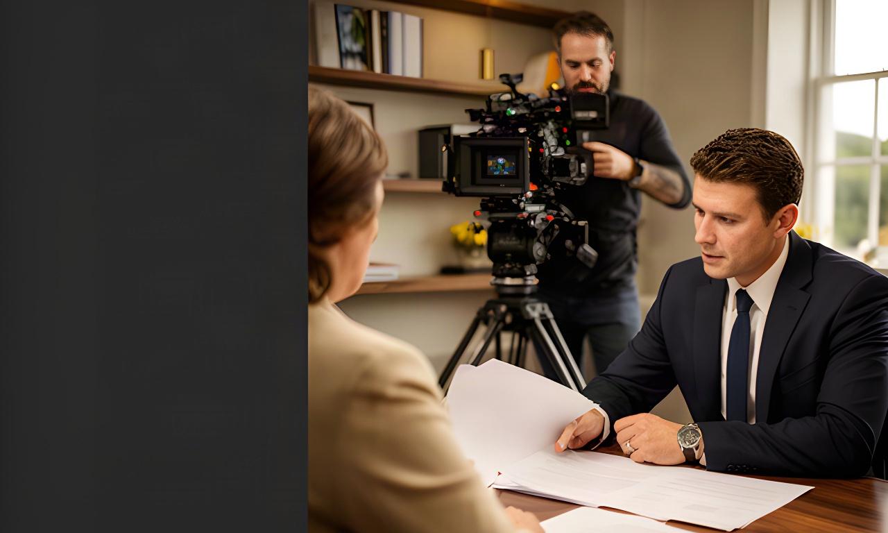 Solicitor reviewing documents with a client in a calm Devon office while a camera operator records the conversation