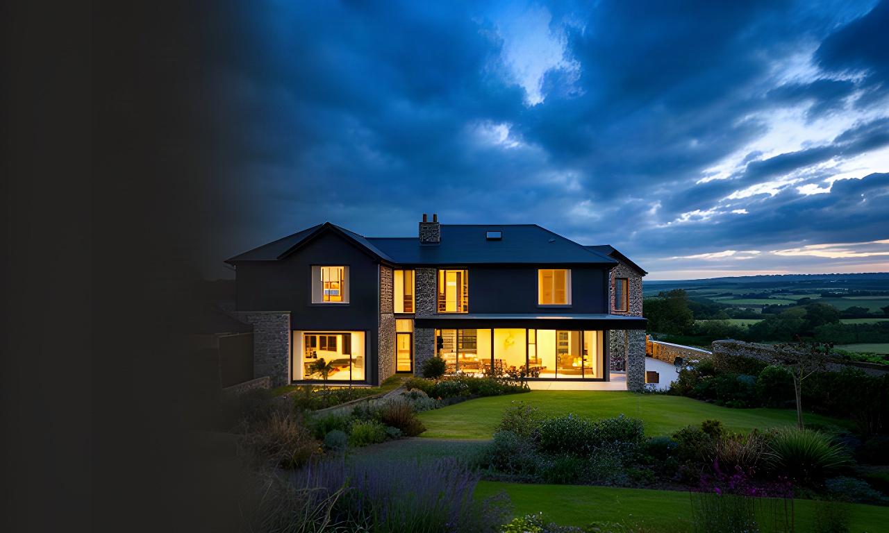 Contemporary Devon house with warm interior lights, landscaped garden and dramatic evening sky