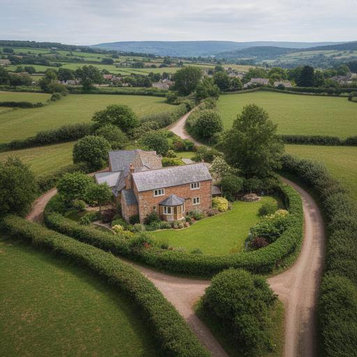 Aerial view of a Devon property, garden and surrounding lanes from above