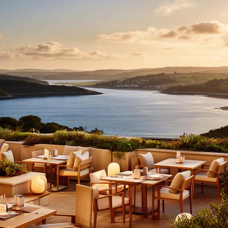 Salcombe Harbour Hotel terrace overlooking the estuary with warm evening light and outdoor tables
