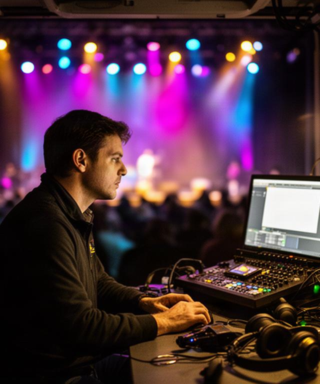 Editor working beside a live event control desk with colourful stage lights in the background