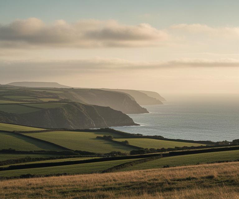 South Hams coastline and rolling fields under soft evening light in Devon