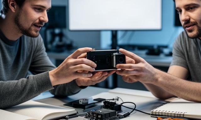 Technology founders testing a compact device at a workbench in a modern South West studio